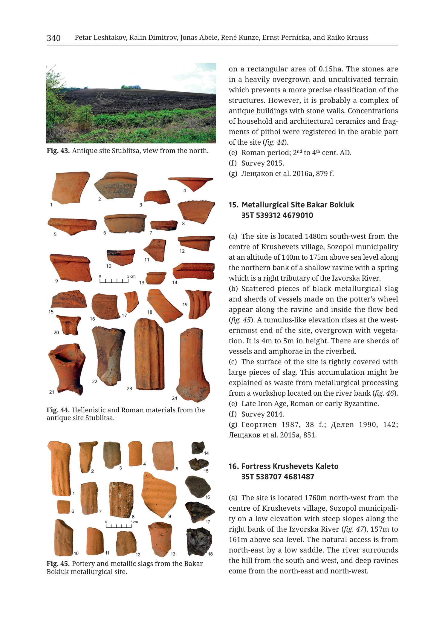 p. 340 (printed header); catalogue entries continuing prior site (Stublitsa), 15. Metallurgical Site Bakar Bokluk, and start of 16. Fortress Krushevets Kaleto; Figs. 43–45
