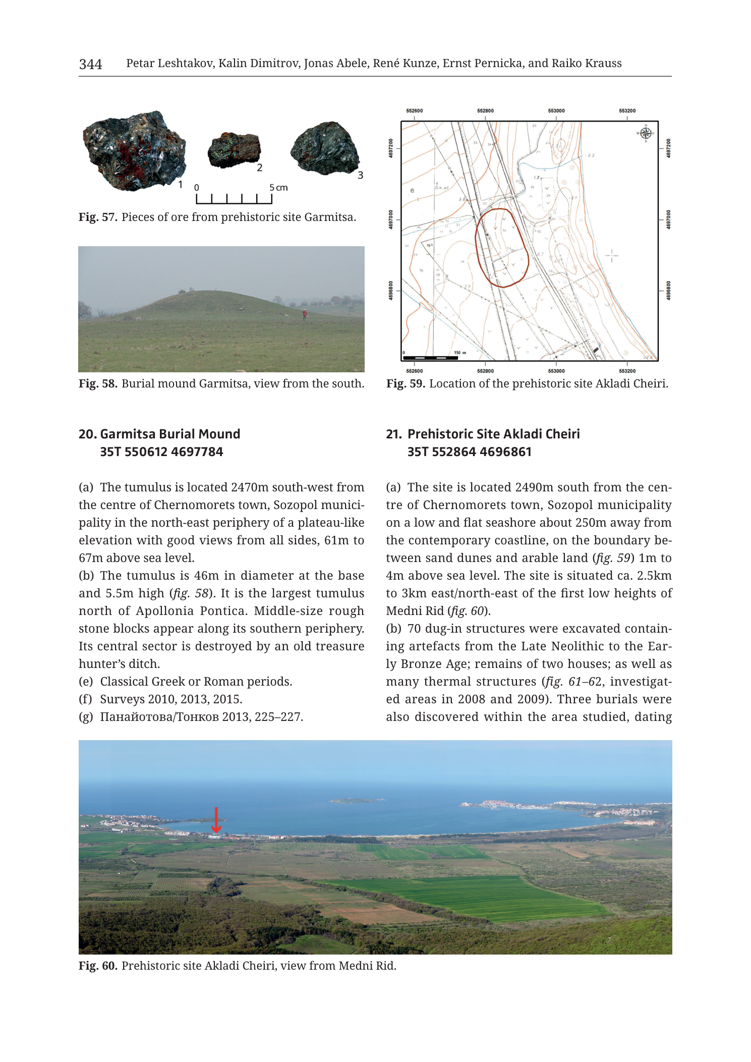 p. 344 (printed header); entries 20. Garmitsa Burial Mound and 21. Prehistoric Site Akladi Cheiri; Figs. 57–60