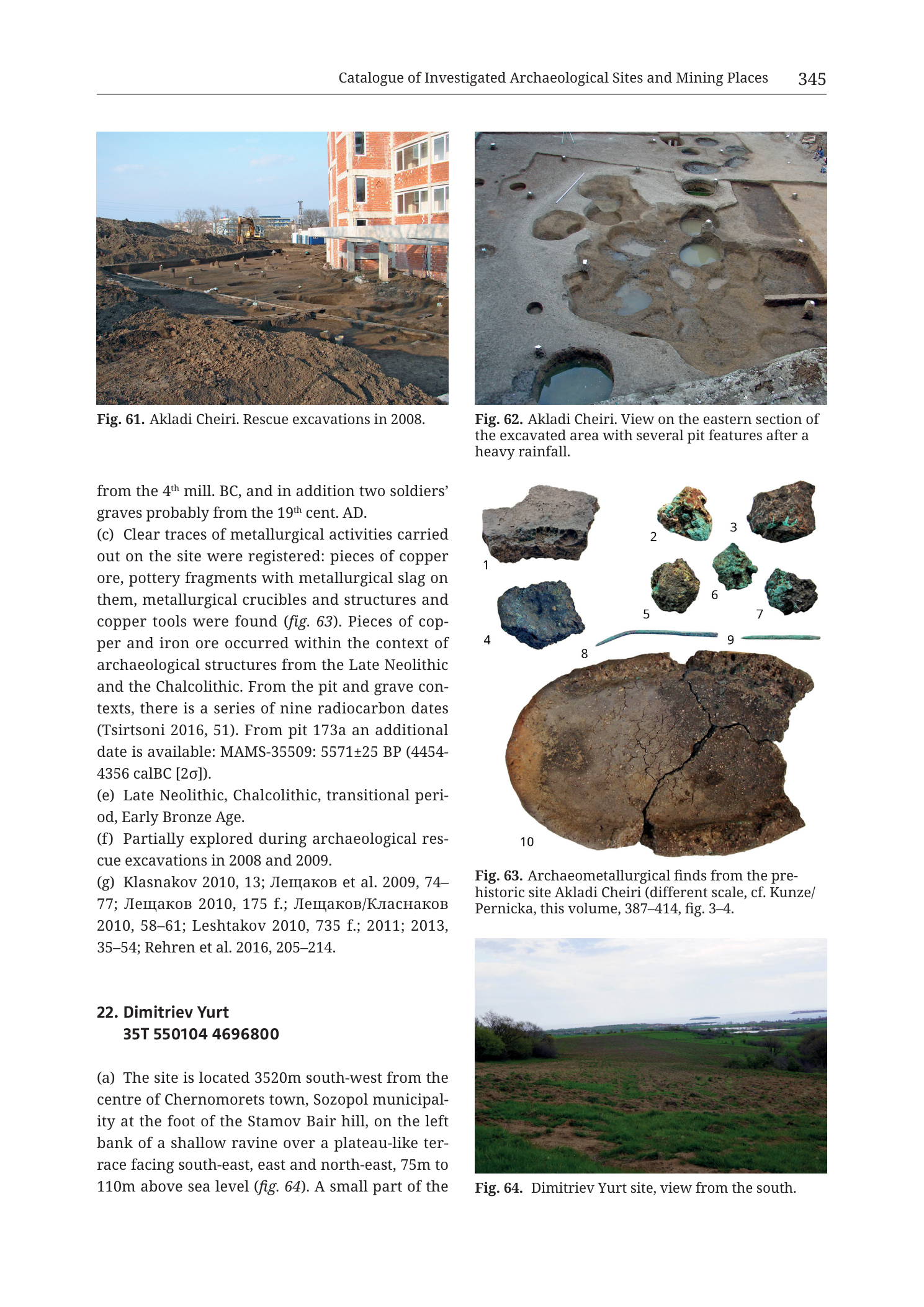 p. 345 (printed header); continuation and close of 21. Prehistoric Site Akladi Cheiri; start of 22. Dimitriev Yurt; Figs. 61–64