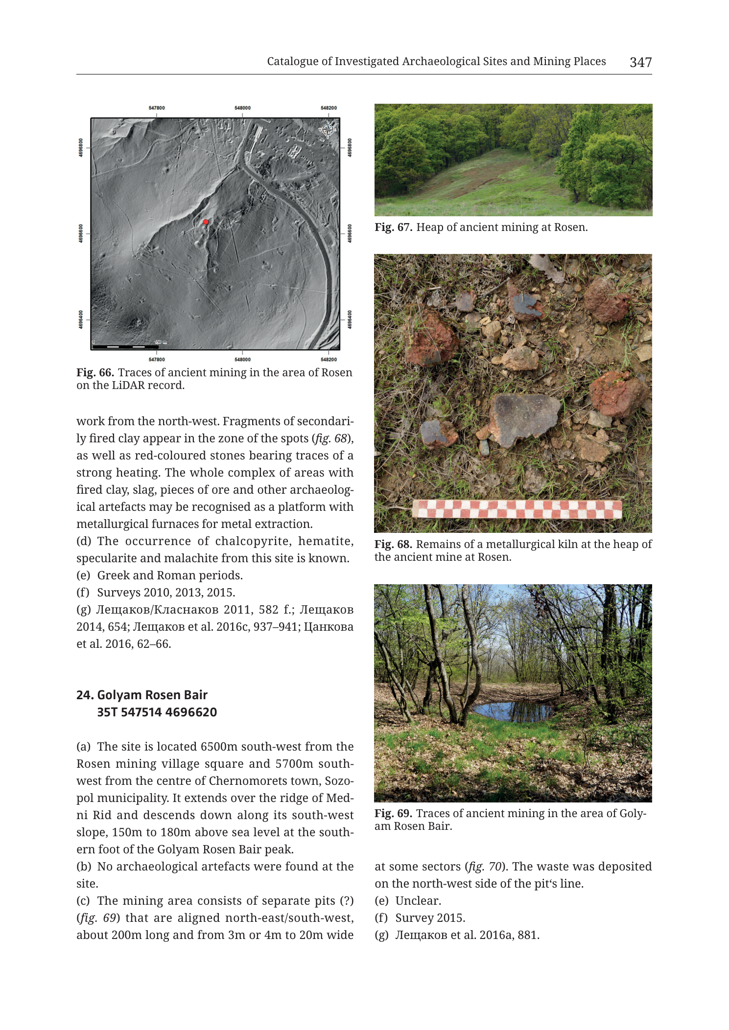 p. 347 (printed header); close of 23. Mine and Metallurgical Site Rosen; full 24. Golyam Rosen Bair; Figs. 66–69