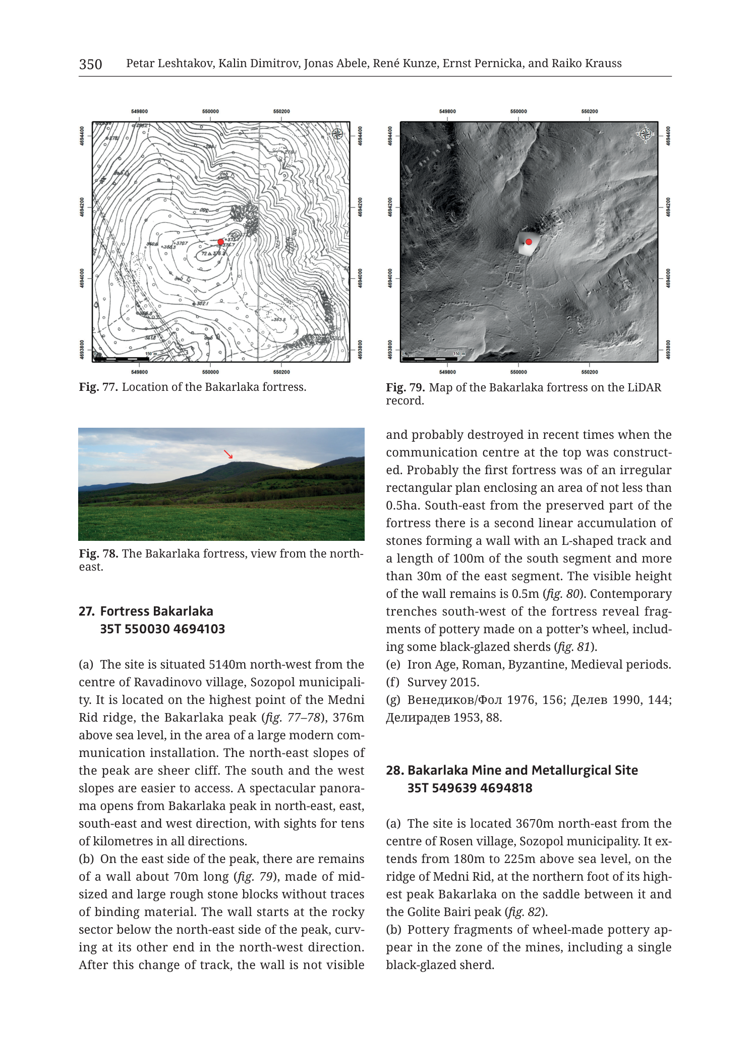 p. 350 (printed header); entries 27. Fortress Bakarlaka and start of 28. Bakarlaka Mine and Metallurgical Site; Figs. 77–79