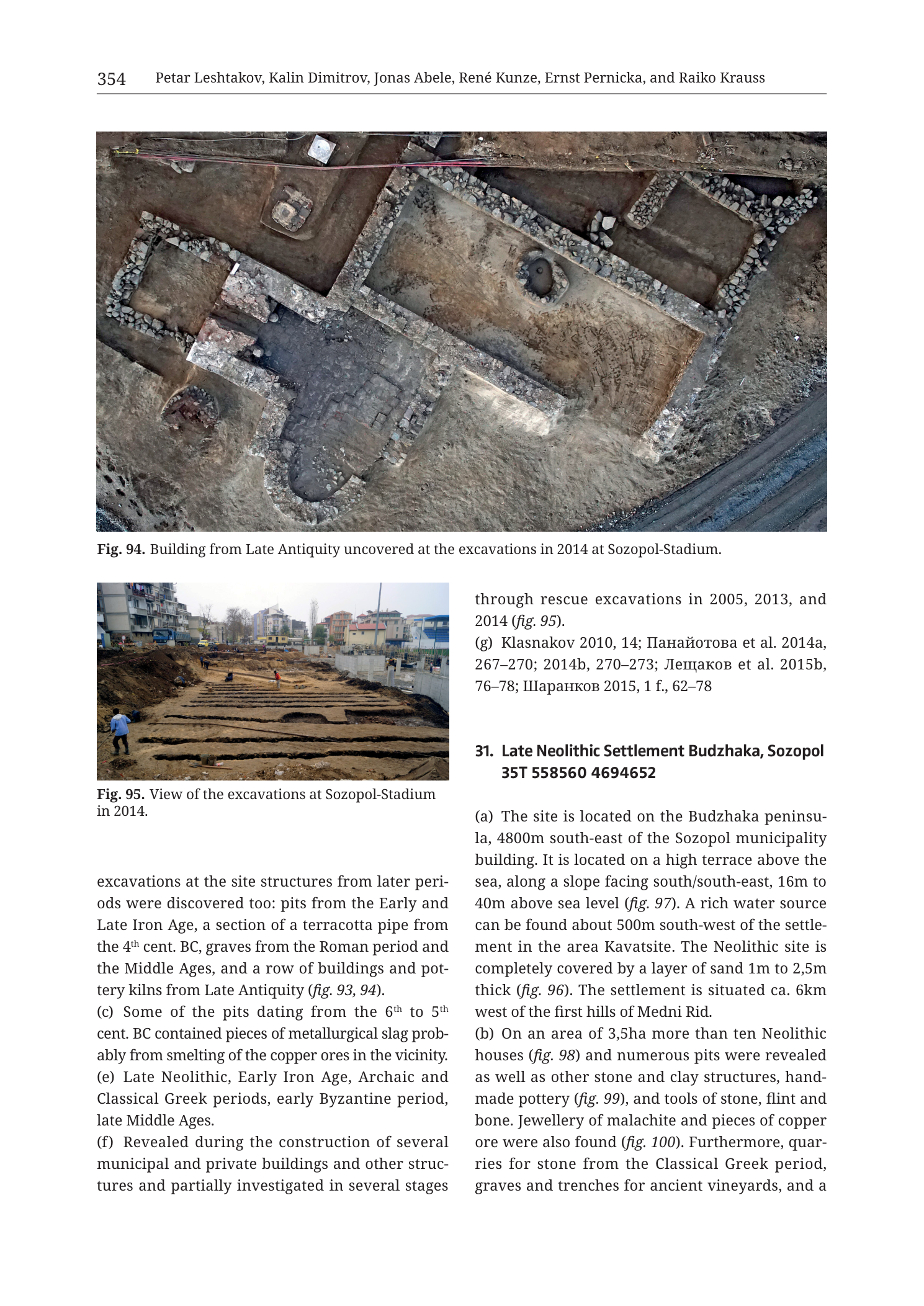 p. 354 (printed header); close of prior Sozopol-Stadium entry; start of 31. Late Neolithic Settlement Budzhaka, Sozopol; Figs. 94–95